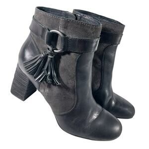 BORN! BLACK GENUINE LEATHER & GRAY SUEDE ANKLE HARNESS CHUNKY HEEL BOOTS! SZ 9M
